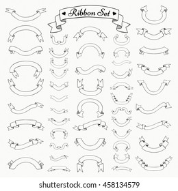 Set of Black Hand Drawn Outlined Ribbons and Banners. Doodle Sketched Rustic Decorative Ribbons Variation. Vintage Vector Illustration.