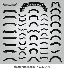 Set of Black Hand Drawn Ribbons and Banners. Doodle Sketched Rustic Decorative Ribbons Shape Variation on Textured Background. Vintage Vector Illustration.