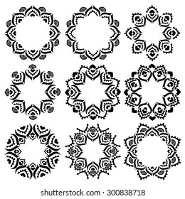 set of black hand drawn round elegance tribal ornament, mandala. Vector illustration