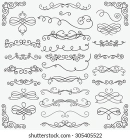 Set of Black Hand Drawn Rustic Doodle Design Elements. Decorative Swirls, Scrolls, Text Frames, Dividers, Corners. Vintage Vector Illustration. Pattern Brushes