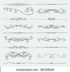 Set of Black Hand Drawn Rustic Doodle Design Elements. Decorative Floral Swirls, Scrolls, Text Frames, Dividers. Vintage Vector Illustration. 