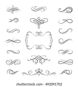 Set of Black Hand Drawn Rustic Doodle Design Elements. Decorative Floral Swirls, Scrolls, Text Frames, Dividers. Vintage Vector Illustration.