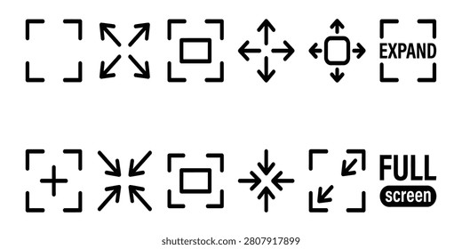 Set of black hand drawn sketch style expand and full screen user interface icons