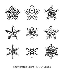 Set Of Black Hand Drawn Snowflake Icons Isolated On White Background. New Year And Winter Doodle Symbol For Print, Web, Design, Decoration, Logo Or Mobile App