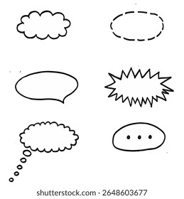 Set of black hand drawn speech bubbles, thoughts, scream, words, bubbles, drawing, cartoon style, white background