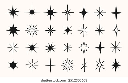 Set of black hand drawn stars, fireworks and sparks. Drawing Doodle sketch of shimmer, shine, blink, glitter on white background. Vector children's illustration EPS10	