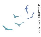 Set of black hand drawn strokes birds seagulls, flock. Drawing sketch of sea birds. On white background. Inspirational body flash tattoo ink.  Hand drawn Vector.