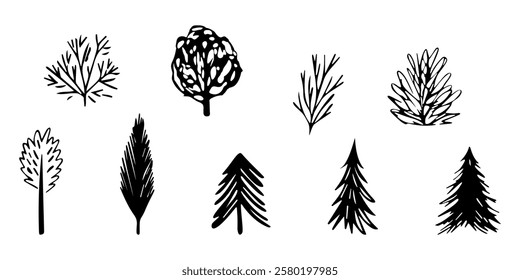 Set of black hand drawn tree silhouettes featuring various tree shapes, including pine, fir, and leafy branches. Ideal for nature, forest, and botanical themed designs. Vector.