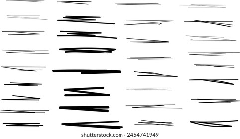 set of black hand drawn underline art, different highlight lines vector illustration.