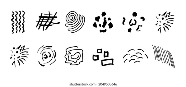 Conjunto de formas, rizos, formas y objetos de doodle dibujados a mano negra. Resumen de la moderna imagen vectorial de moda minimalista.