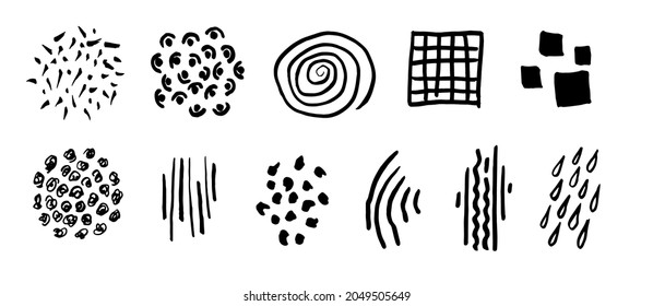 Set of black hand drawn various shapes, curls, forms and doodle objects. Abstract modern minimalist trendy vector illustration.