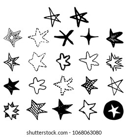 Set of black hand drawn vector stars in doodle style on white background. Could be used as pattern or standalone element. Brush marker sketchy