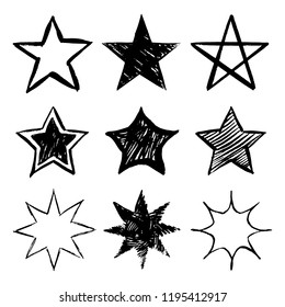 Set of black hand drawn vector stars in doodle style on white background. Could be used as pattern or standalone element. Brush marker sketchy