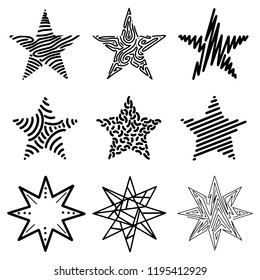Set of black hand drawn vector stars in doodle style on white background. Could be used as pattern or standalone element. Brush marker sketchy