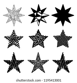 Set of black hand drawn vector stars in doodle style on white background. Could be used as pattern or standalone element. Brush marker sketchy