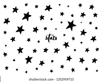 Set of black hand drawn vector stars in doodle style. Collection of isolated elements on white background. Could be used as pattern.