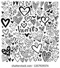 Set of black hand drawn vector hearts in sketch style. Romantic collection of isolated elements on white background. Could be used as pattern. Illustrations for valentines and wedding.