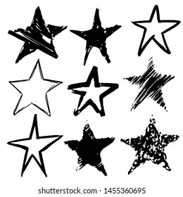 Set of black hand drawn vector stars in doodle style. Set. Vector illustration for graphic design 