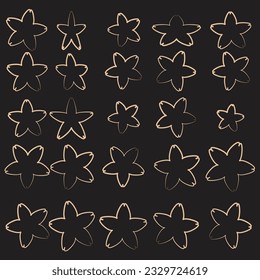 Set of black hand drawn vector stars in doodle style on white background. Could be used as pattern or standalone element. Brush marker sketchy