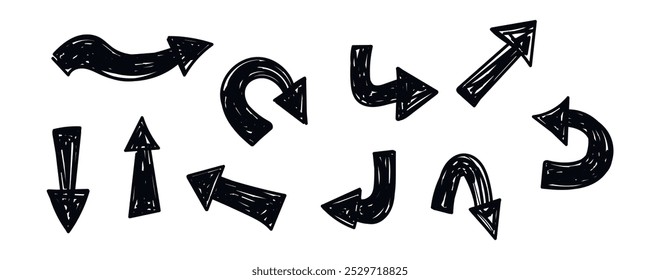 Set of black hand drawn vector design arrows doodle on transparent background. Collection of bold brush drawn arrows. Template element childish naive doodle vector illustration.