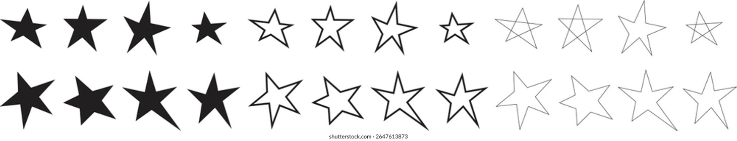 Set of black hand drawn vector stars in doodle style on white background. Star vector icon design illustration for decoration.
