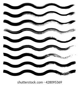 Set of black hand drawn wave lines on white background vector illustration. Hand drawn brush stroke