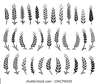 set of black hand drawn wheat ears icons