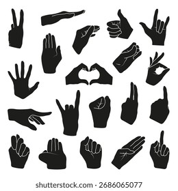 Set of black hand gesture silhouettes, vector illustration of different signs and symbols, isolated icons for communication, expression and design template.
