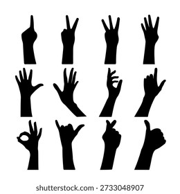 Conjunto de siluetas de gestos de mano negra que muestran contando dedos, apuntando, pulgares hacia arriba, signo OK y poses expresivas, aisladas sobre fondo blanco para símbolos y comunicación