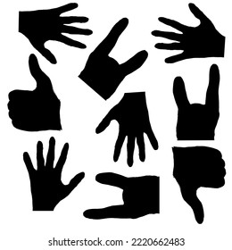 Set of black hand gestures on white background. Palm silhouette, thumb up and a rock and roll symbol. Creative abstraction with gestures.