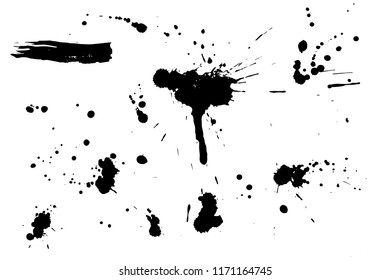 Set of black hand made blots and ink splashes. Abstract elements for design in grunge style. Isolated on white background. Vector illustration