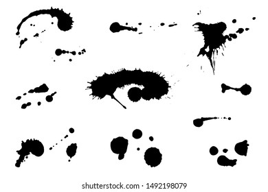 Set of black hand made blots and ink splashes. Abstract elements for design in grunge style. Isolated on white background. Vector illustration