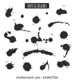 Set of black hand made blots and ink splashes. Abstract elements for design in grunge style.