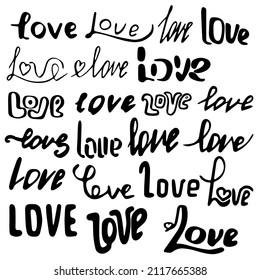 set of black hand written lettering about love to valentines day, greeting card, poster, banner, vector illustration collection