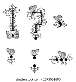 set black hand written monogram question mark, exclamation point, dot, comma, double point and ellipsis decorated with butterflies, vector clip art on white isolated background