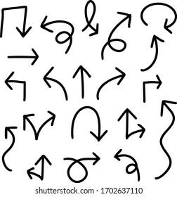 Set of black handdrawing in multiple shape of arrow symbol on white background