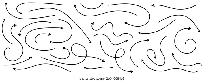 Set of black hand-drawn arrow signs or symbols. Black hand drawn arrow doodles. Black hand drawn arrow elements.  Hand drawn, doodle elements isolated on white background.