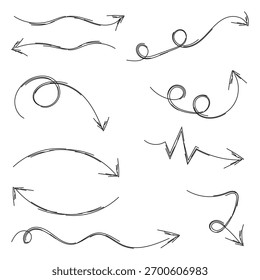 A set of black hand-drawn arrows. A collection of textured arrows. Doodle elements on an isolated background. Vector.
