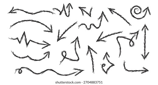 A set of black hand-drawn arrows. A collection of textured arrows. Doodle elements on an isolated background. Vector.