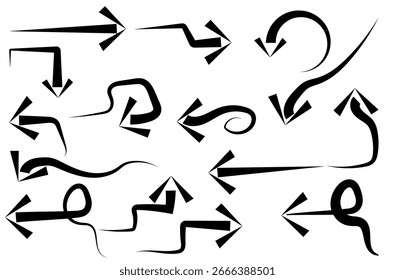 Set of black hand-drawn arrows with diverse shapes, curves, and directions. Artistic vector collection ideal for design elements, infographics, presentations, and creative projects.