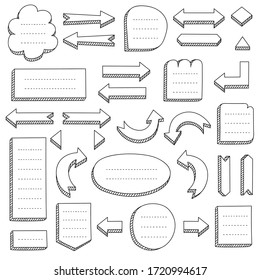 Set of black hand-drawn arrows and frames for mind maps, flowcharts, schemes, bullet journals, notes, planners, business ideas. Doodle vector collection.