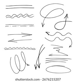 Conjunto de setas e linhas pretas desenhadas à mão. Elementos vetoriais para notas, realces, design, ilustrações e infográficos