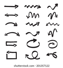 Set of black hand-drawn arrows on a white background. Vector outline illustration.