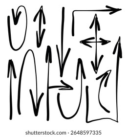 Set of black hand-drawn arrows in sketch doodle style, pointing in various directions. Curved, straight, looped lines. Ideal for infographics, web, posters. Isolated on white