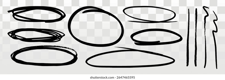 Set of black hand-drawn circles and lines on transparent background. Sketchy circles and lines for design. Abstract circles and lines for creative projects. Hand drawn illustrations, vector set. - Powered by Shutterstock - Get 15% off with code: PIKWIZARD15