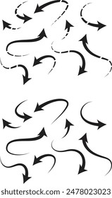 Set of Black Hand-Drawn Doodle Arrows on a White Background. Arrow and Cursor Icons. Vector Pointer Collection. Back and Next Web Page Signs.