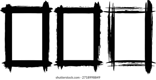 Set of black hand-drawn ink brush stroke frames and rectangular grunge borders for artistic photo edges and creative graphic design