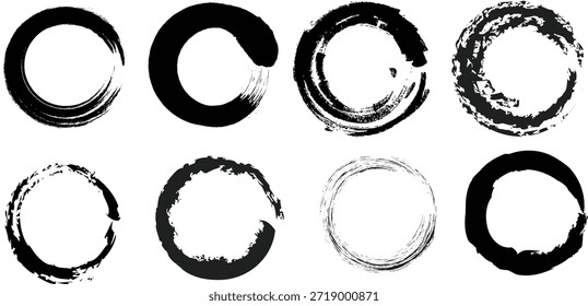 Set of black hand-drawn ink brush stroke circles and round grunge borders for artistic logo design and creative frames.