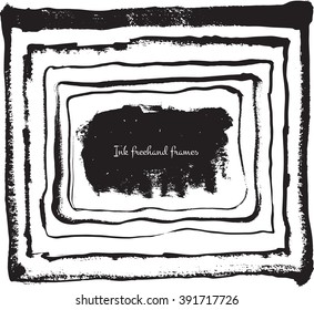 Set of black hand-drawn ink isolated frames, drawn with liquid dye, freehand and simple. Graphic vector illustration made with dry brush, can be used for decoration and branding design.