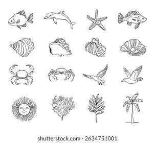 A set of black hand-drawn line icons on the theme of vacation and sea life, a bundle of vector symbols of ocean animals and birds, fishes, seashells and plants, isolated on a white background